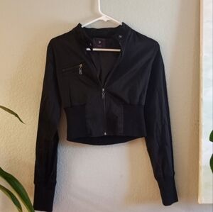 XXI Black Satin Cropped Bikercore Boho Moto Jersey Stretch Hem Bomber Jacket M